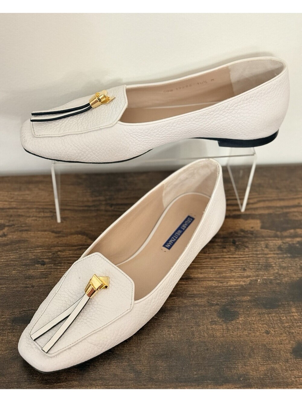 Stuart Weitzman Slip-Knot Flat Leather Loafers size 10 1/2 M White & gold Women